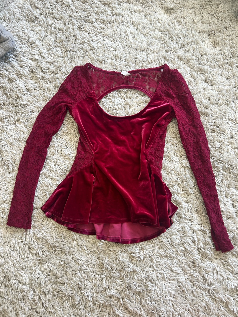 Free People Velvet & Lace Long Sleeve Top in Wine